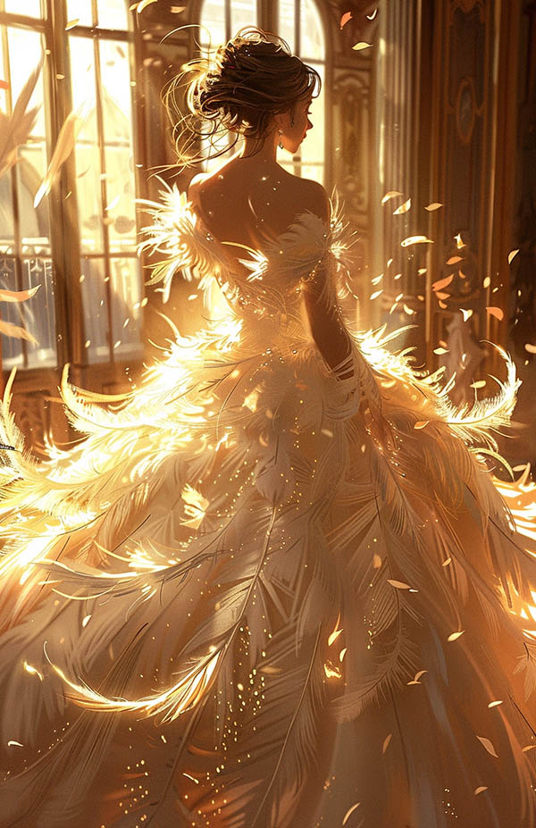 一件带有羽毛的白色连衣裙，在金色光芒照耀下，呈现出现实幻想艺术风格。裙装内部细节丰富，人物描绘细致入微，既真实又充满浪漫气息。整个画面仿佛是一段节日氛围中的美妙篇章。