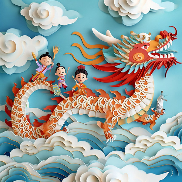 一只可爱的中国龙，活泼而生动。一群手持画笔的孩子们骑在它背上。龙和孩子们一起在空中快乐地飞翔，穿梭于云层间。画面呈现出剪纸效果。