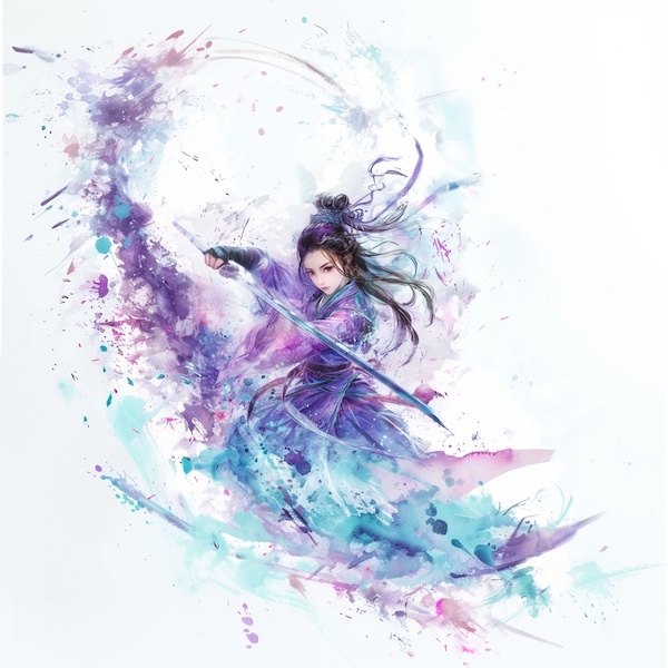 一个穿着紫色汉服的女孩，手持剑和匕首，在色彩丰富的水彩奇幻现实主义背景上泼墨绘画风格，以白色为背景，以紫、蓝、青色为配色，具有中国水彩画的风格，具有赤壁美学和独特的人物设计
